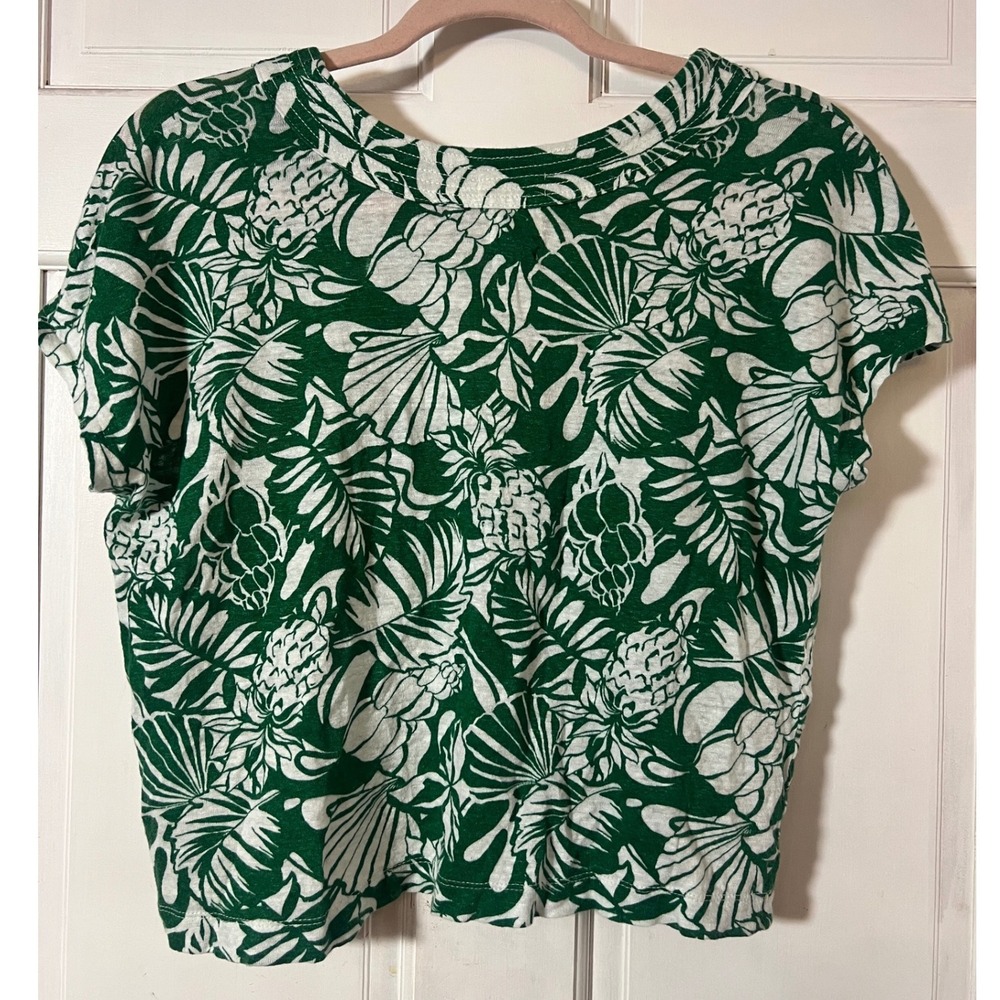 Joie Linen Button Up Top Small Tropical Botanical Green White Short Sleeve - Picture 4 of 4